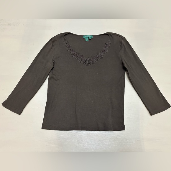 Lauren Ralph Lauren Brown Ribbed Knit Top Lace Trim V-Neck Long Sleeve Size L - Picture 3 of 9